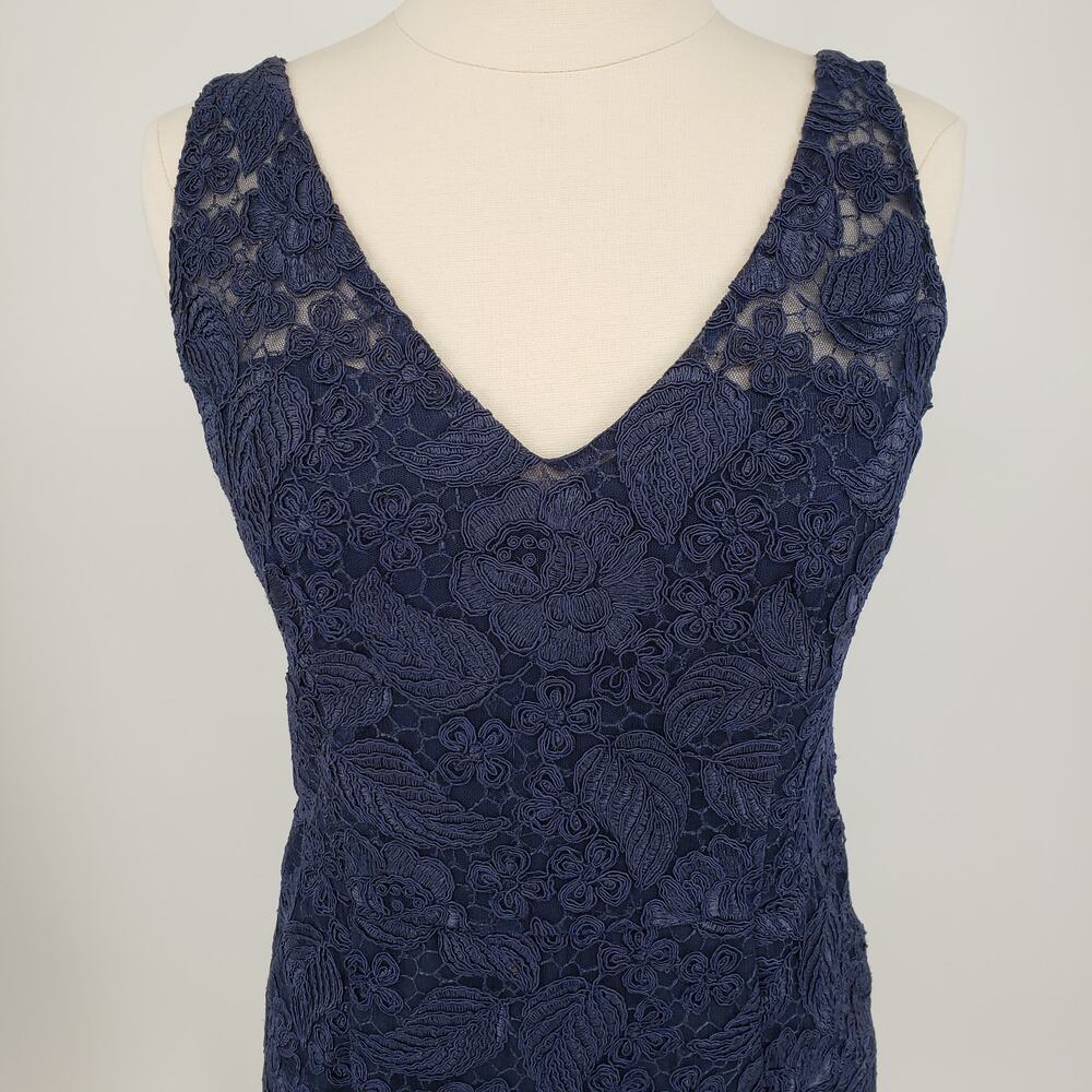 ML Monique Lhuillier Follow Suit Sheath Dress 12 Floral Leaf Lace Cocktail Navy - Picture 11 of 14